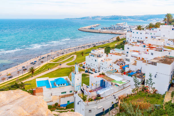 Tangier, Morocco. White Residential buildings on a hill facing the Strait of Gibraltar