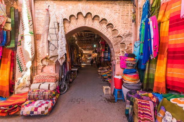 souvenirs on the jamaa el fna market in old medina, marrakesh, morocco
